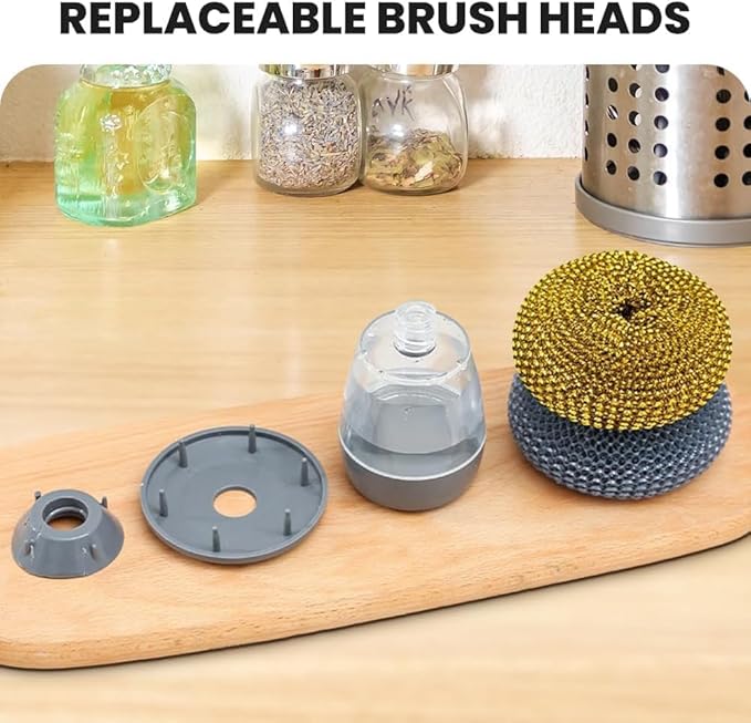 Multifunctional Pressing Cleaning Brush, Kitchen Soap Press Dispensing Brush, Metal Sponge with Detergent Dispenser (Stainless Steel)
