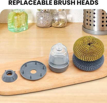 Multifunctional Pressing Cleaning Brush, Kitchen Soap Press Dispensing Brush, Metal Sponge with Detergent Dispenser (Stainless Steel)