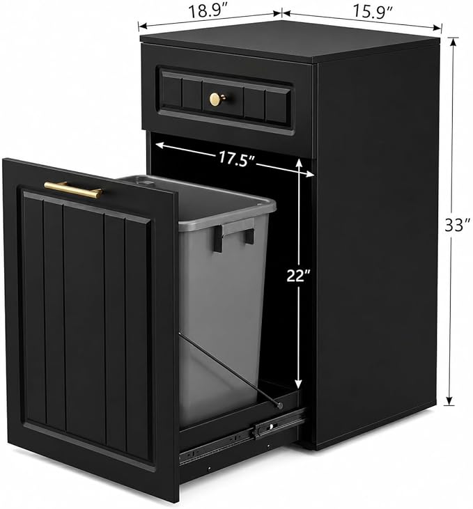 13 Gallon Pull Out Trash Can Cabinet with Drawer, Hidden Kitchen Garbage Cabinet, Freestanding Modern Farmhouse Waste Bin Furniture, Black
