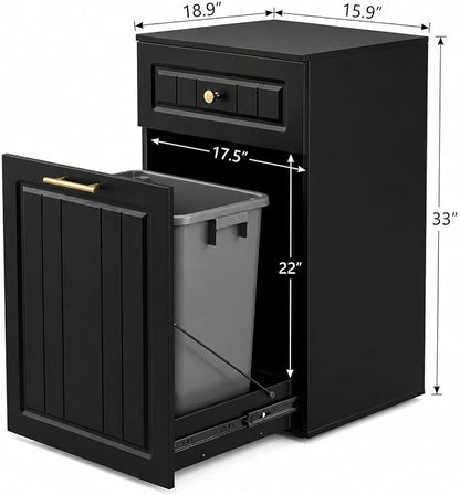 13 Gallon Pull Out Trash Can Cabinet with Drawer, Hidden Kitchen Garbage Cabinet, Freestanding Modern Farmhouse Waste Bin Furniture, Black
