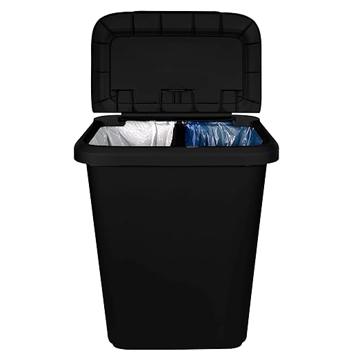 Oversized Dual-Compartment Trash Can - 20.4 Gal Plastic Kitchen/Garage Bin (Black)