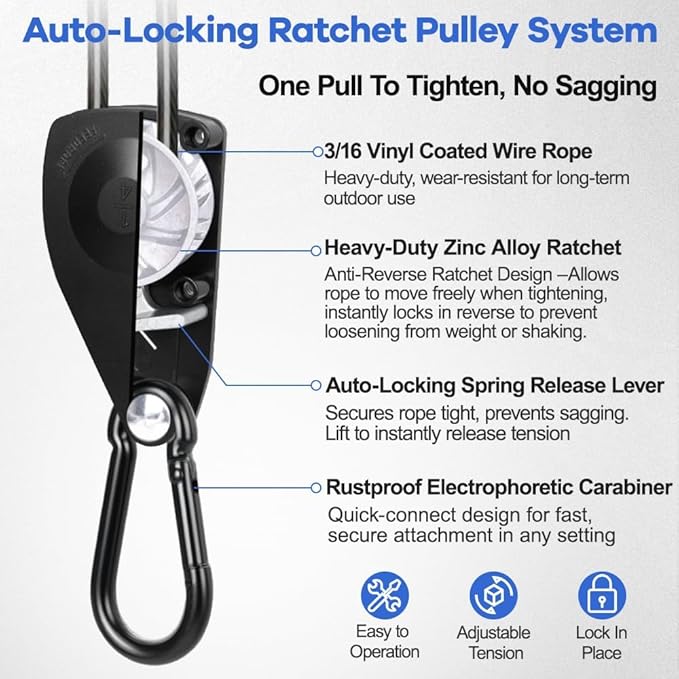 TooTaci 45ft Outdoor Clothesline Kit, 3/16" Black PVC Coated Wire Rope Retractable Clothes Line Kit with Self-Locking Pulley, Screw Hook & Snap Hook for Camping, Backyard, Balcony