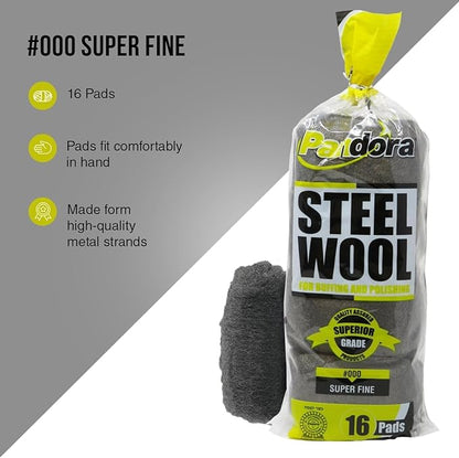 Pandora Steel Wool #000-16 Pads for Buffing and Cleaning - Quality Metal Strands - Ideal for Wax and Polish Removal