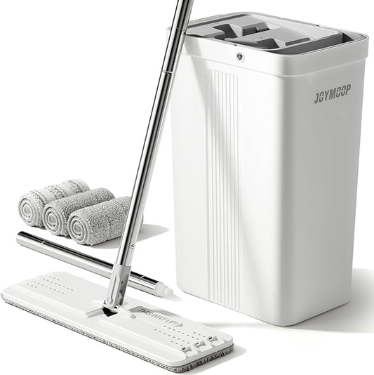 JOYMOOP Mop and Bucket Set, Flat Mop for Household & Commercial Floor Cleaning, Wet Dry Wall Cleaner with Long Handle, Hardwood Floor – Includes 3 Microfiber Pads