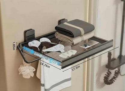 Retractable Wall Mounted Bathroom Clothes Rack with Foldable Towel Bar,6 Movable Hooks and Underwear Drying Net,Space Saving Organizer (Gray)