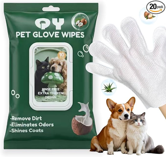 20-Pack Extra Thick Pet Cleaning Glove Wipes with Lid | Value Pack Dog & Cat Grooming Gloves | Rinse-Free Bath Wipes with Coconut, Aloe & Jojoba for Odor Control & Daily Care