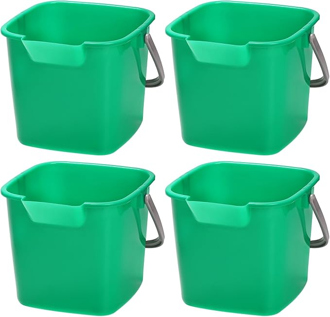Peohud 4 Pack Sanitizing Buckets, 3 Quart Small Cleaning Buckets, Square Detergent Pail with Spout and Handle, Plastic Utility Bucket for Home Kitchen School Offices Commercial Use, Green