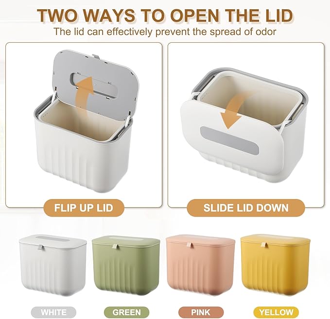 uxcell Kitchen Compost Bin Hanging Small Trash Can, 7L/1.8Gallon Plastic Trash Can with Lid, Suitable for Countertop, Under Sink or Wall Mounted, White