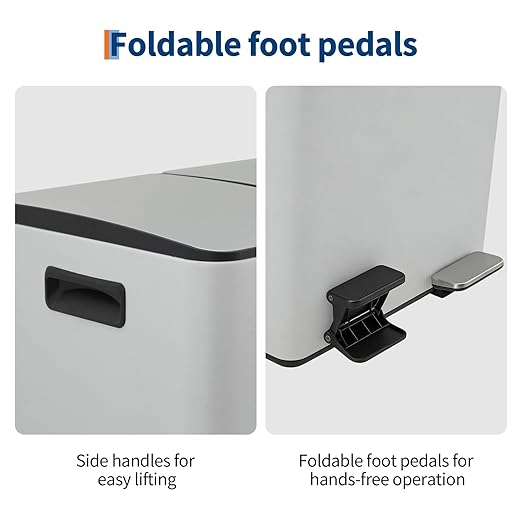 Garvee Dual Compartment Trash Can, 2 x 5.3 Gal (2 x 20L) Stainless Steel Recycling Bin with Foldable Foot Pedal & Soft-Close Lid, Kitchen Garbage & Recycle Combo - White