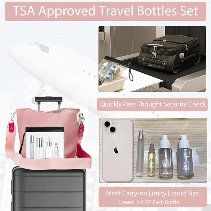 Glass Travel Bottles for Toiletries, TSA Approved Travel Size Containers, Refillable, BPA Free Leak-Proof Bottles with Pump Spray Dropper & Roll-On for Toners, Creams, and Oils (Silver)