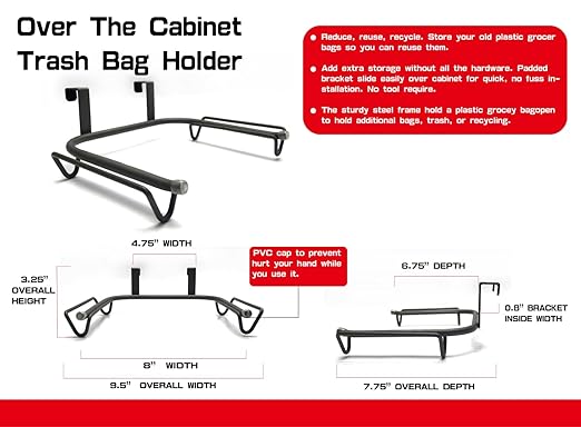 FitWell Over-The-Cabinet-Door Grocery Installation Plastic Recycling & Trash, Under Sink Garbage Bag Holder, Trash Bag Holder Rack for Recycled Reusable Disposable Grocery Bag (Industrial Gray)