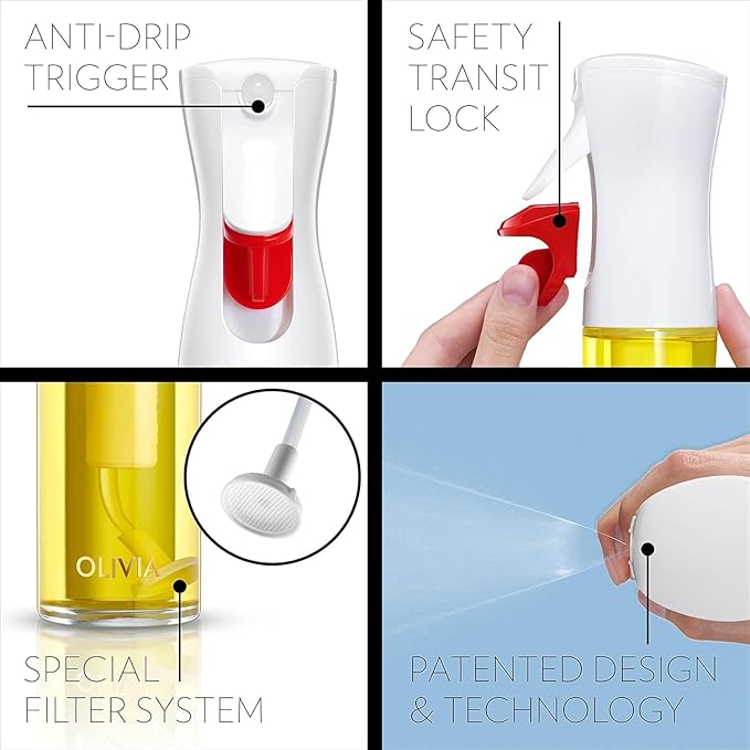 OLIVIA SIGNATURE Advanced Kitchen Oil Sprayer with Flairosol Technology, Fine Mist & Portion Control, Refillable Glass Olive Oil Cooking Spray Bottle for Air Fryer, Salad, BBQ, 130ml (White Print)
