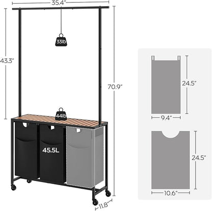 YATINEY Laundry Sorter 3 Section, Rolling Laundry Hamper with Hanging Rack, Laundry Sorter with Wheels, Hampers for Laundry, Laundry Basket Organizer for Laundry Room, Rustic Brown LS37BR