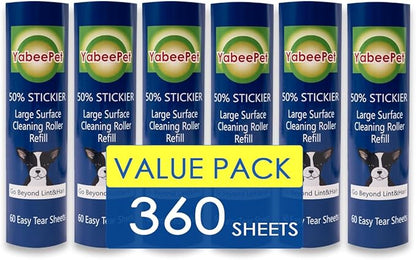 8 inch Large Surface Roller Refill for Scotch-Brite 50% Stickier Lint Roller, Works Great On Pet Hair (60 Sheets per Roll, 6 Pack)