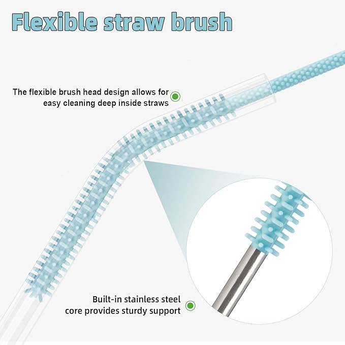 Silicone Straw Cleaner Brush, 4Pcs Reusable Straw Brush Set with Extra-Long Design for Cleaning Thin Metal Straws and Wider Milkshake Straws （6mm+9mm Blue)