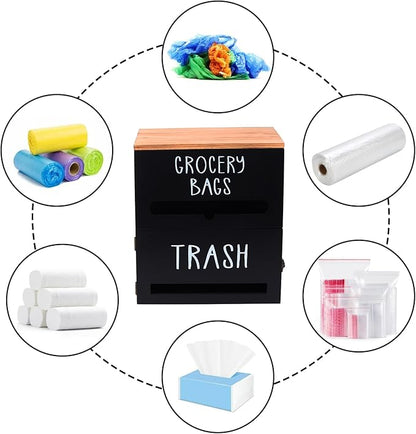 2 in 1 Trash Bag Holder with Grocery Bag Holder, Wooden Trash Bag Dispenser Wall Mounted, Trash Bag Organizer for Countertop/Under Sink, Garbage Bag Holder Dispenser for Plastic Bags, Black