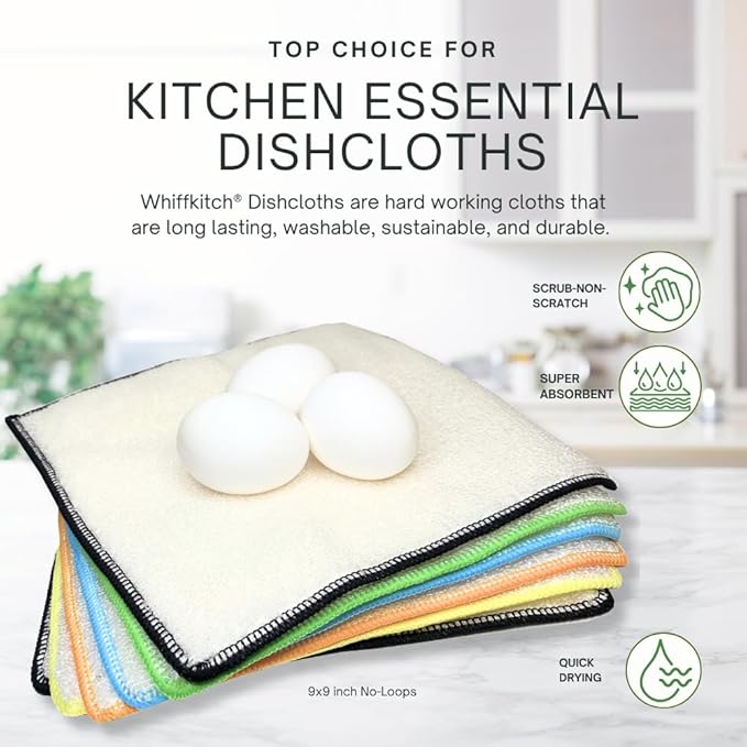 Whiffkitch Dishcloths Dishrags for Kitchen and Household Cleaning 9x9 6-Pack Non-Scratch 2-Ply Weave, Bamboo-Rayon Fabric, Absorbent, Washable, Long-Lasting (No Loops)