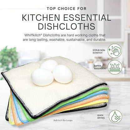 Whiffkitch Dishcloths Dishrags for Kitchen and Household Cleaning 9x9 6-Pack Non-Scratch 2-Ply Weave, Bamboo-Rayon Fabric, Absorbent, Washable, Long-Lasting (No Loops)