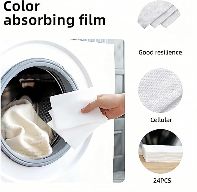 Color Catcher Sheets 24Pack - Prevents Color Bleeding, Stops Dye Transfer for Mixed Laundry, Baby Safe, No Sorting, Deep/Dark Colors, Washer Safe (White)