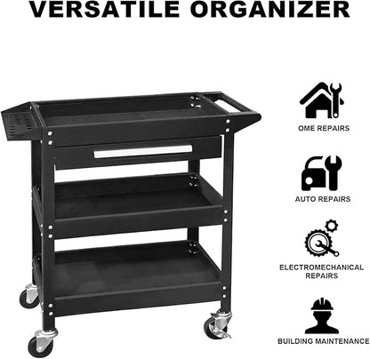 GSTANDARD APTB311B Torin 3 Layer Rolling Tool Cart: Heavy Duty Utility Cart with One Slide Drawer and Tool Organizer for Home, Garage, Warehouse and Auto Shop, Black