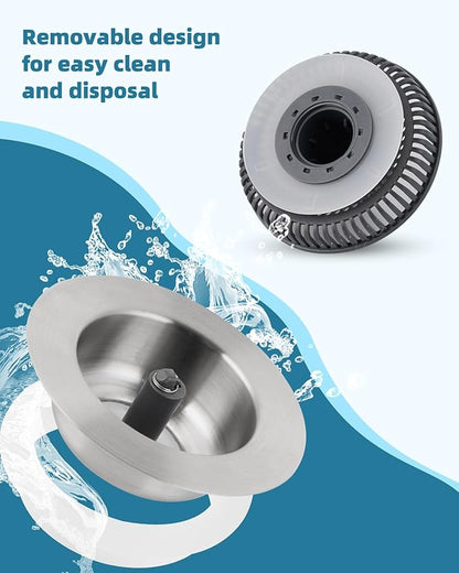 Universal 3 in 1 Kitchen Sink Stopper Strainer, 2PCS 304 Stainless Steel Pop Up Sink Drain Strainer with Handle Rod for US Standard 3-1/2 inch Drain Filter, Anti-Clog