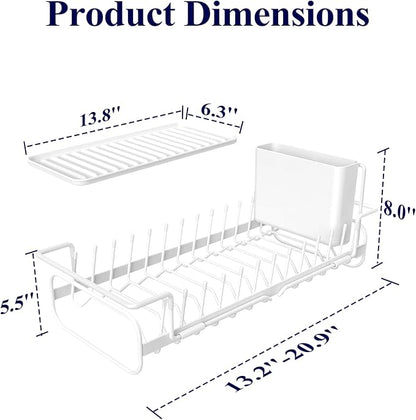 Kitsure Dish Drying Rack - Expandable Dish Rack for Kitchen Counter, Over Sink Or in Sink, Space-Saving Plates Dryer with Cutlery Holder & Drip Tray, 14.0"-20.9" L x 6.3" W x 8.0" H, White