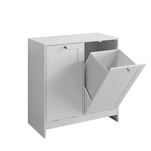 Tilt Out Trash Can Cabinet, Hidden Trash Can Cabinet with 2 Removable Bags, Double Laundry Hamper Cabinet, Narrow Storage Organizer for Kitchen, Bathroom, and Bedroom White DJ BZR001