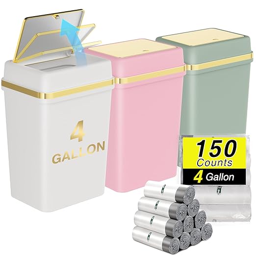 3 Pack Bathroom Trash Can with Lid 4 Gallon Small Trash Can with Press Top Lid Bathroom Garbage Can with 150 Counts Trash Bags for Kitchen Bedroom Office(White Pink Green)