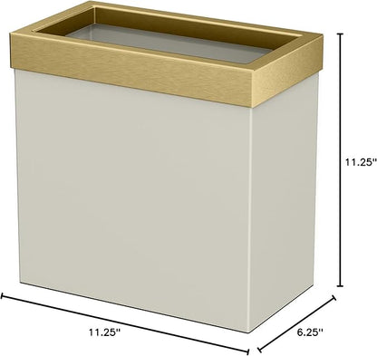 Gatco Modern Rectangle Wastebasket, Matte Pearl and Brushed Brass Combo - Stainless Steel Trash Can with Removable Lid, Leakproof, 3 Gallon Capacity for Bathroom, Bedroom, Kitchen, or Office
