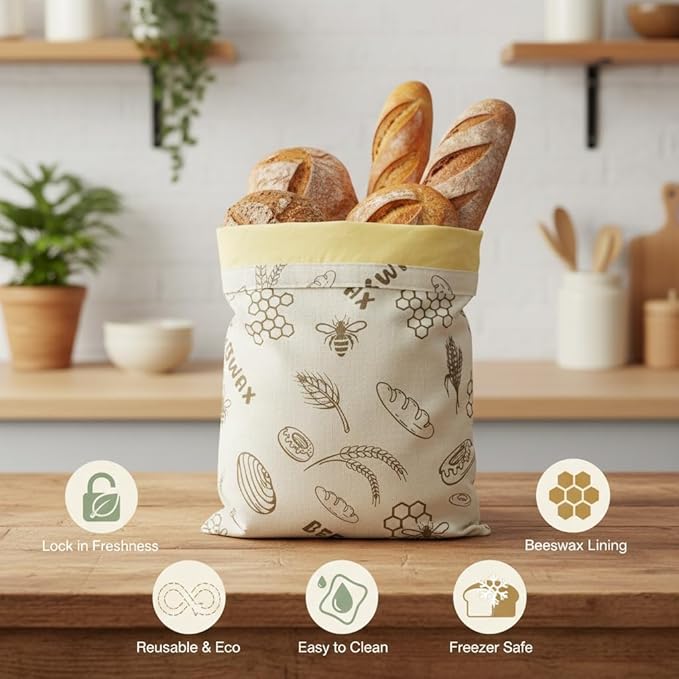 Beeswax Bread Bags for Sourdough & Homemade Bread - Reusable, Eco-Friendly Food Storage Bags, XL 12x17 Inch (2 Pack), Moisture Lock for Freshness