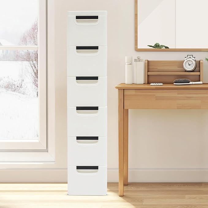 6 Drawers Narrow Slim Plastic Storage Cabinet,Storage Drawer with Wheels,6 Tier Drawers Dresser,Rolling Narrow Cabinet for Small Spaces Bathroom Kitchen Living Room,White
