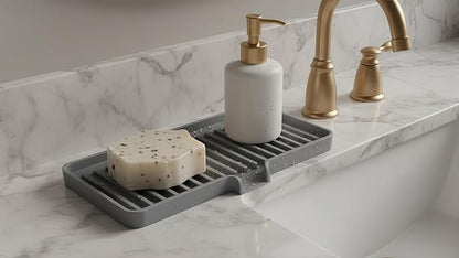 Silicone Soap Dish Tray and Sponge Holder with Drain Chute, Rectangular, Kitchen and Bathroom Sink Organizer (Pistachio, 9"x3.5")