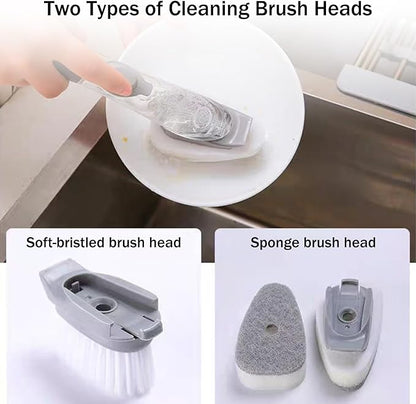 Soap Dispensing Dish Brush with Holder, Kitchen Pot Pan Scrub Brush Set with Replaceable Brush Head, Sink Cleaning Brush with Storage Tray (3-piece Brush Head Set)