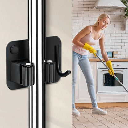 JAMEND CLXP 4-Pack Broom Holder with Heavy Duty Hooks, Upgraded Stainless Steel Mop Hanger. Wall Mount Utility Tool Rack for Kitchen Garden Laundry Garage. Matte Black.