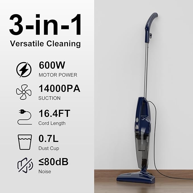 Corded Stick Vacuum Cleaner, 3-in-1 Detachable to Handheld with 180°Left-Right Steering, 14KPA Powerful Suction for Pet Hair on Hard Floors, HEPA Filter, Lightweight with 16.4ft Long Cord