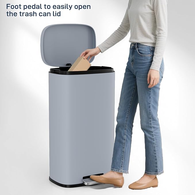 Arlopu 8/13.2 Gallon Step Trash Can, Stainless Steel Garbage Bin, Soft-Close Rubbish Bin with Removable Plastic Inner Bucket, Fingerprint-Proof, Lid Dustbin, Suit for Kitchen Home (Haze Blue, 50L)