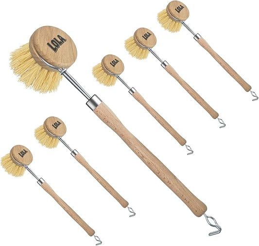 LOLA -The Original - Tampico Vegetable & Dish Brush, 6 Pack, Sustainable Wood Ergonomic Handle w/Tampico Fiber Bristles