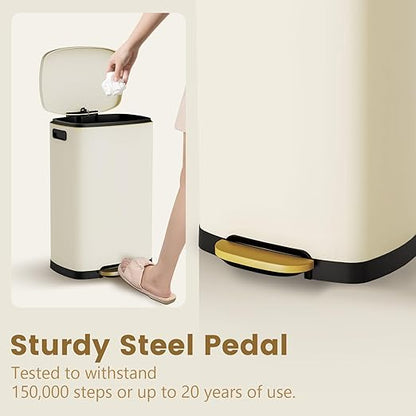 ELPHECO Kitchen Trash Can with Lid Soft Close, 13 Gallon / 50L Stainless Steel Pedal Garbage Can, Heavy-Duty Fingerprint Proof Step Wastebasket with 20 Bags, Removable Bucket, Home Office, Cream Beige