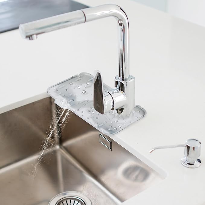 Dimeho Sink Faucet Splash Guard Mat Silicone Soap Dish Pad Faucet Handle Drip Catch Sponge Holder Sink Protector Trays for Bathroom Kitchen Countertop Gadgets Accessories 8.3 x 5.7 Inch (Marble)