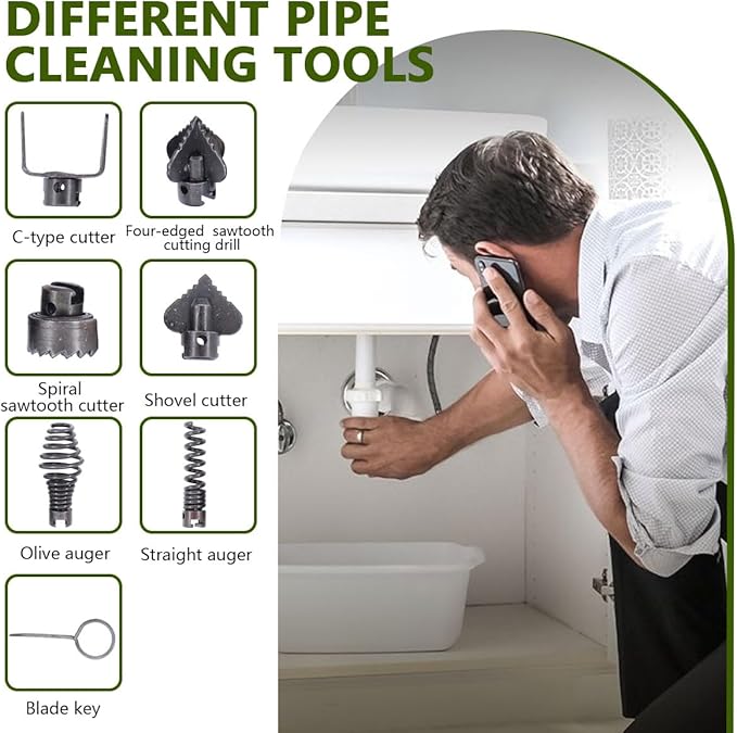 Drain Cleaner Combination Cutterhead Set, 7-Piece Drain Cleaner Spring Loaded Auto Locking Drain Dredge Cutterhead Set for Dredging Pipes Dredger (Gray)