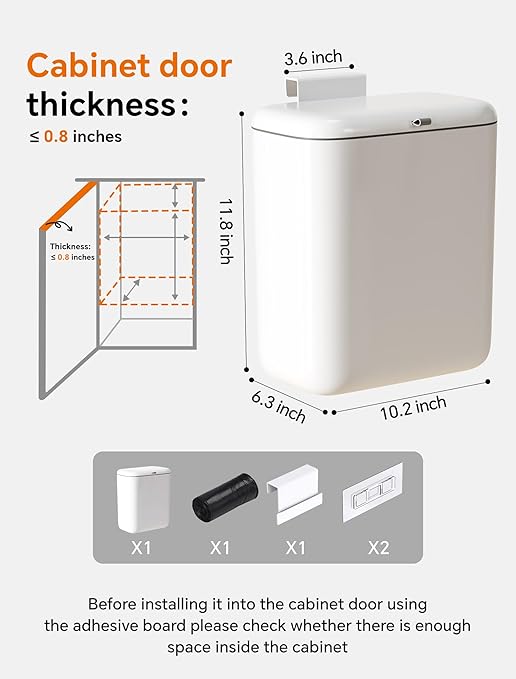 Wall Mounted Kitchen Compost Bin with Lid, Hanging Trash Can for Cabinet Door, White Plastic Food Scrap Bin for Kitchen Counter and Under Sink, 2.3 Gal