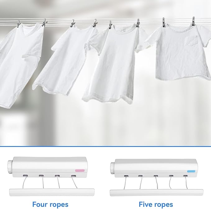 Retractable Clothesline, Clothes Line Retracting Outdoor Wall Mounted Telescopic Clothesline Indoor Outdoor Clothes Line for Laundry Drying (Five Ropes)