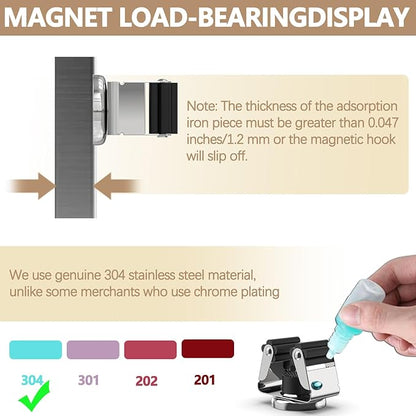 3-H Magnetic Broom Holder 8 Piece Set, 304 Stainless Steel Broom Holder Wall Mount, No Drilling Magnetic Tool Holder with 4 Mini Magnetic Hooks for Garage Garden Laundry Kitchen, Silver