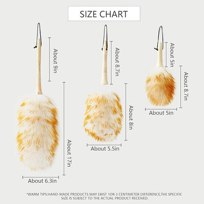 Lambswool Duster 14'' Length Solid Wooden Handle Leather Hang Strap for Cleaning Ceiling Fans Window Blinds Computer Furniture Figurines TV Natural Feather Duster,Yellow+White