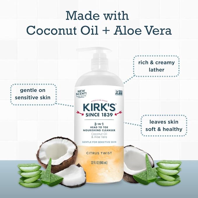 Kirk's Citrus Twist 3-in-1 Nourishing Cleanser, Shampoo Body Wash Bubble Bath, Coconut Oil and Aloe Vera, Vegan Non-GMO, 32 Fl Oz
