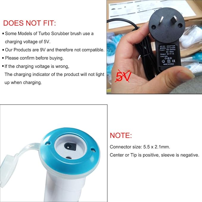 9V New Charger for Hurricane Spin Scrubber Brush Rechargeable Turbo Scrubber & TeleBrands Corp Hurricane Spin Scrubber Brush HSS1 HSSI Charger (Incompatible with Charging Voltage of 5V)
