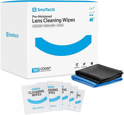 SmoTecQ Lens Wipes for Glasses, 180 Individually Wrapped Eyeglass Cleaning Wipes with 2 Microfiber Cloths for a Streak-Free Finish, Safe for Coated Lenses, Screens & Camera Lenses