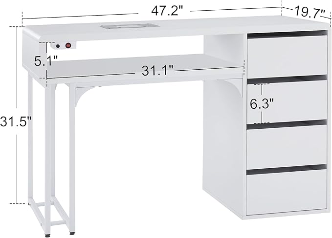 BarberPub Manicure Storage Desk with 60W Embedded Nail Vacuum Cleaner, Square-Shape Nail Dust Collector Manicure Workstation, Professional Beauty Salon Equipment VC229 (White)
