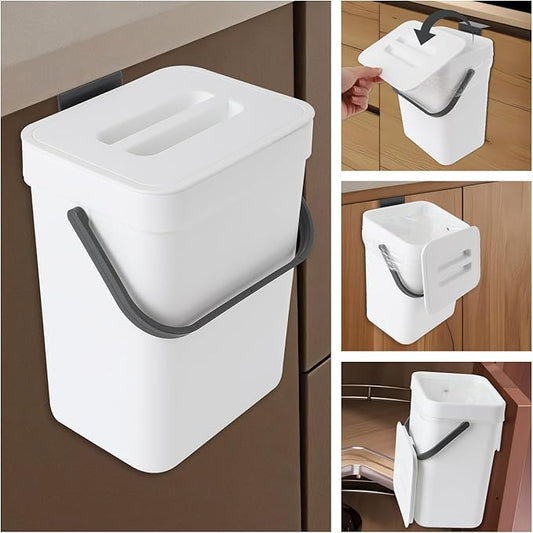 0.8 Gallon/3L Compost bin Kitchen, for use on countertops or Under Sinks, Hanging Trash can with lid, for Cupboard/Bathroom/Bedroom/Office/Camping, Mountable Indoor Compost Bucket(White)