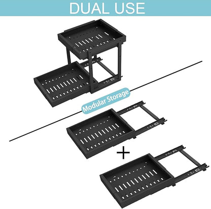 Golener 2-Tier Expandable Pull Out Cabinet Organizer - 21" Deep Pull-Out Drawers for Kitchen Cabinets, 2 Slide Home Storage Organizers, Slide Out Shelves for Base Cabinet Organization in Kitchen,Black